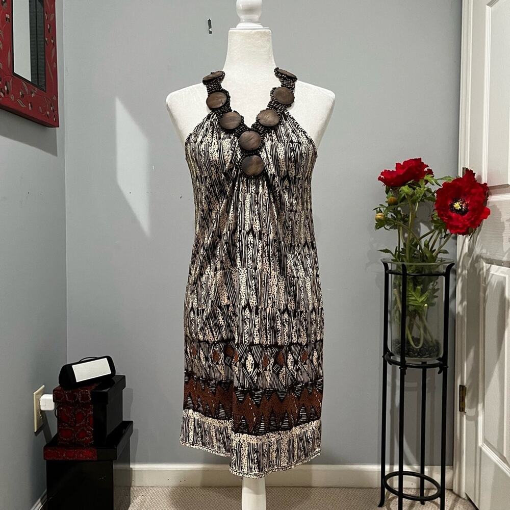 NEW Max Studio Boho Beaded Tribal Sleeveless Draped Halter Necklace Dress XS